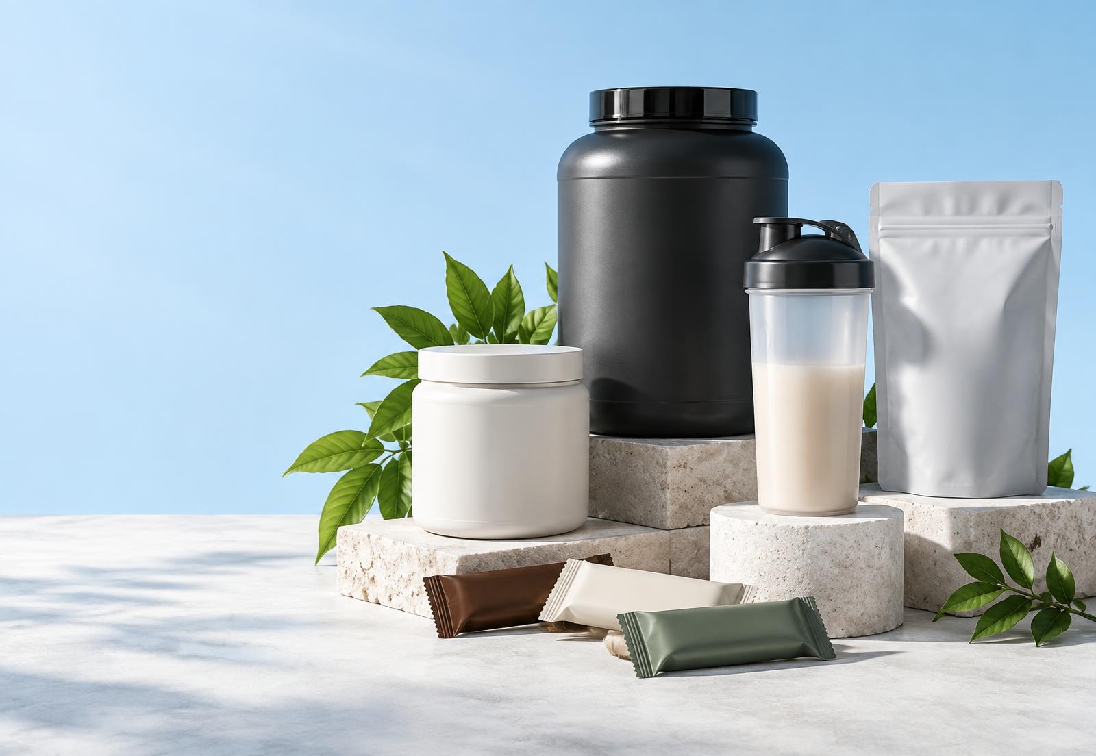 An assortment of unbranded supplement tubs, a shaker and nutrition packs in an editorial setting